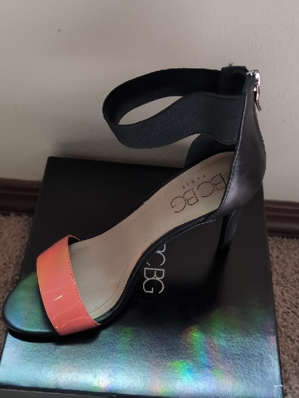 BCBG Black and Coral Open-Toe Ankle Strap Heels - Picture 2 of 6